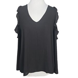 LUSH‎ Black Silky Chiffon Ruffled Cold Shoulder Blouse Top Small S